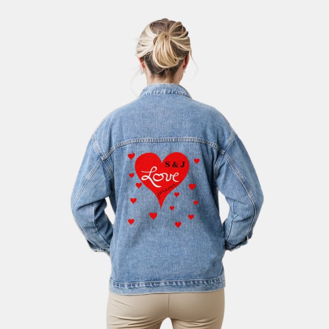 Red Hearts Monogram Love Forever Denim Jacket (Model)