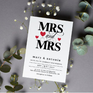 Red Hearts Mrs & Mrs Lesbian Wedding Two In One Invitation