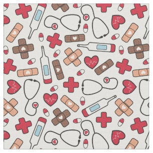 Red Hearts Nurse Doctor Pattern Fabric
