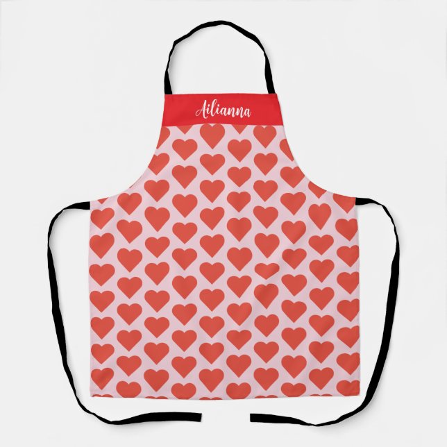 Red Hearts on a Pink Background Apron (Front)