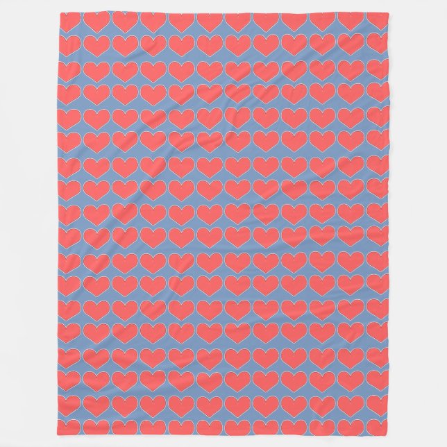 Red Hearts on Blue Fleece Blanket (Front)