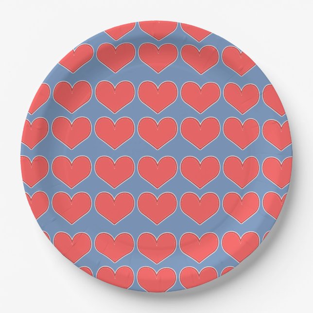 Red Hearts on Blue Pattern Paper Plate (Front)