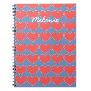 Red Hearts on Blue Pattern Personalised Notebook