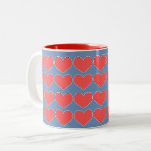 Red Hearts on Blue Pattern Two-Tone Coffee Mug