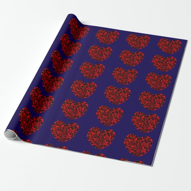 Red Hearts on Blue Wrapping Paper (Unrolled)