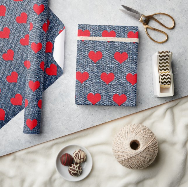 Red Hearts on Denim Wrapping Paper (Crafts)