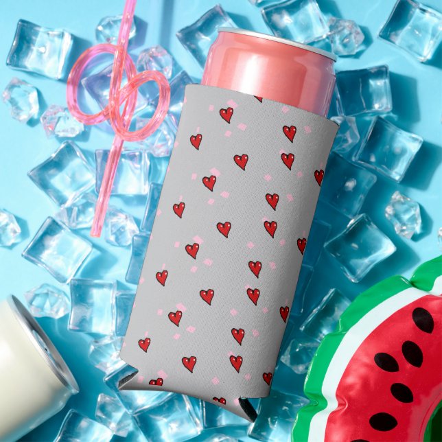 Red hearts on grey seltzer can cooler (In Situ Summer)