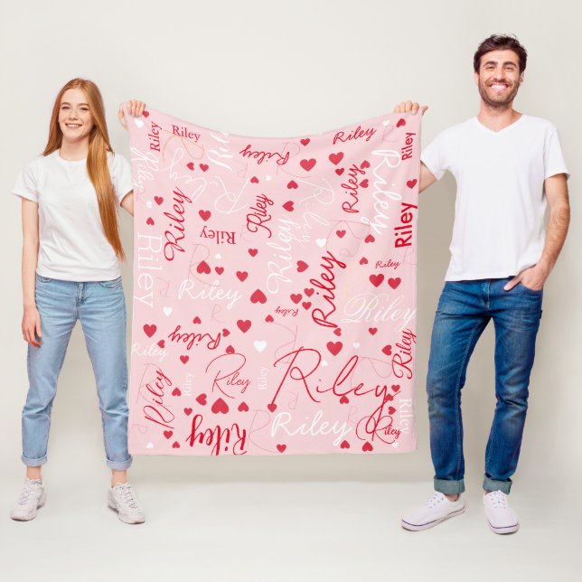 Red Hearts on Pale Light Pink Custom Fleece Blanket (In Situ)