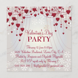Red Hearts on Radiant White Valentines Party Invitation