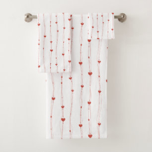 Red Hearts On Ribbons Seamless Pattern Valentine Bath Towel Set