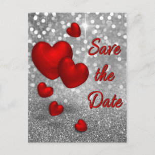 Red Hearts on Silver Glitter - Save the Date Card