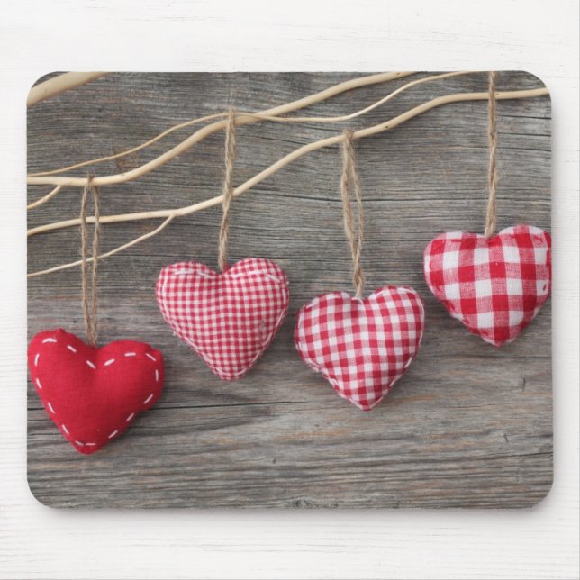 Red Hearts on Wooden Table Mouse Pad (Front)