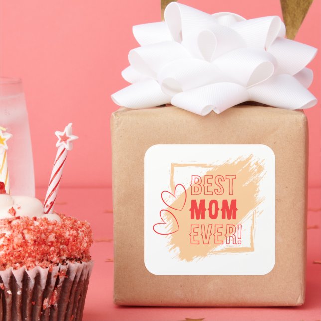 Red Hearts Outline Best Mum Square Sticker (Party)
