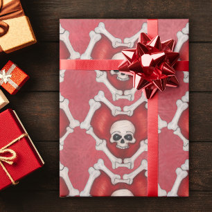 Red Hearts Outlined in Bones with Skulls in Centre Wrapping Paper