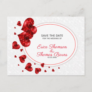 Red Hearts Over White Damask Announcement Postcard