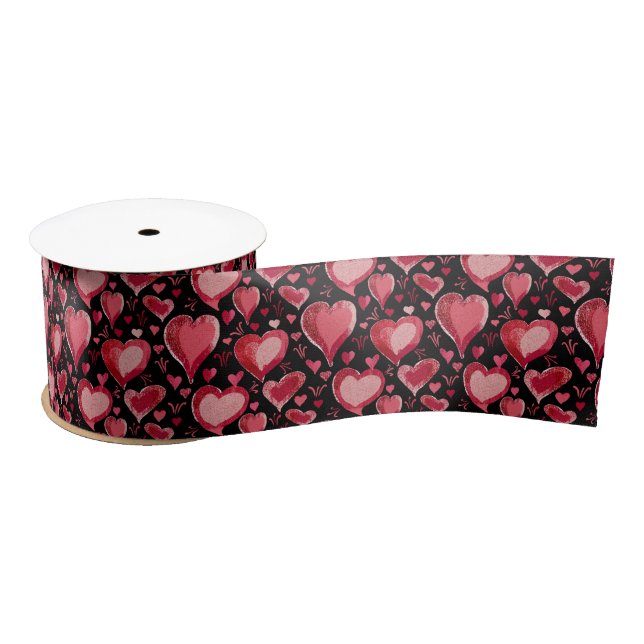 Red Hearts Pattern Drawing Valentine`s Day Satin R Satin Ribbon (Spool)