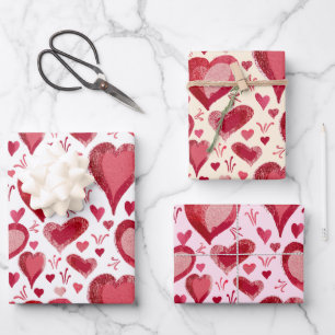 Red Hearts Pattern Drawing Valentine`s Day Wrapping Paper Sheet