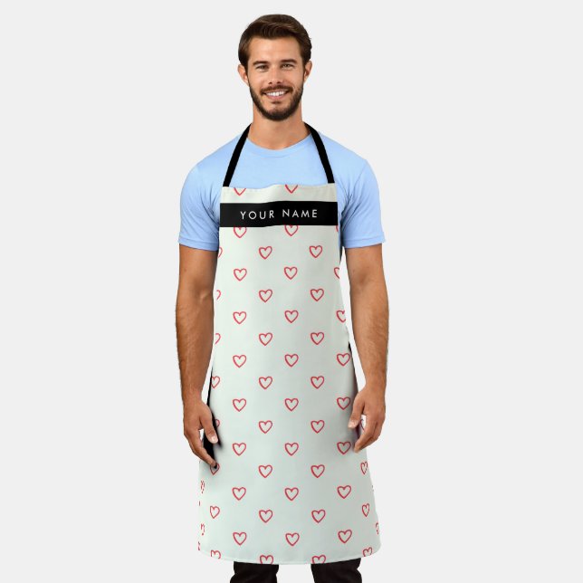 Red Hearts Pattern, Love, Your Name, Personalise Apron (Worn)