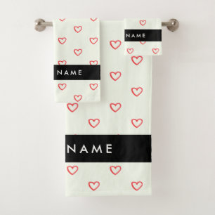 Red Hearts Pattern, Love, Your Name, Personalise Bath Towel Set