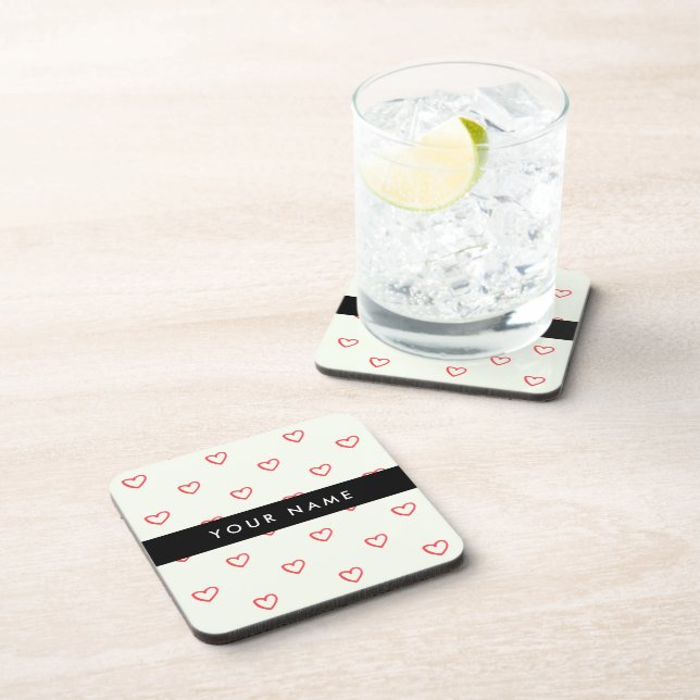 Red Hearts Pattern, Love, Your Name, Personalise Coaster (Right Side)