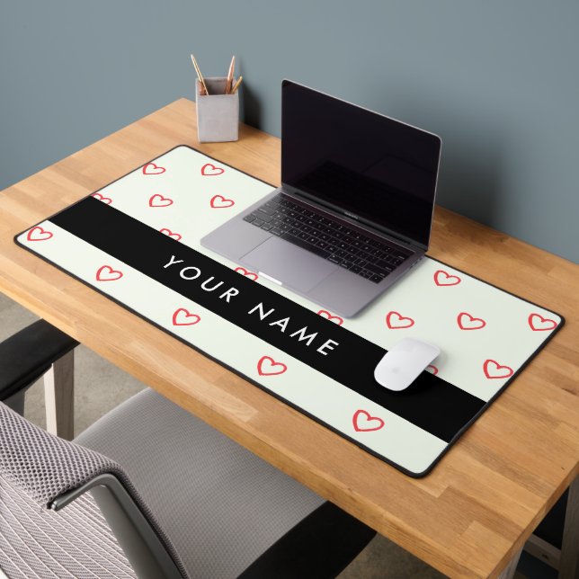 Red Hearts Pattern, Love, Your Name, Personalise Desk Mat (Office 2)