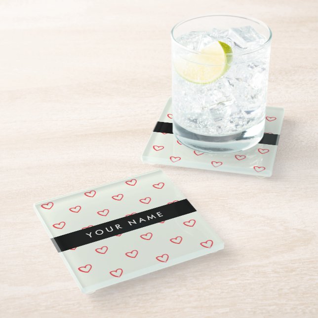 Red Hearts Pattern, Love, Your Name, Personalise Glass Coaster (Angled)