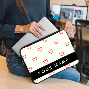 Red Hearts Pattern, Love, Your Name, Personalise Laptop Sleeve