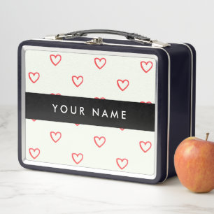 Red Hearts Pattern, Love, Your Name, Personalise Metal Lunch Box