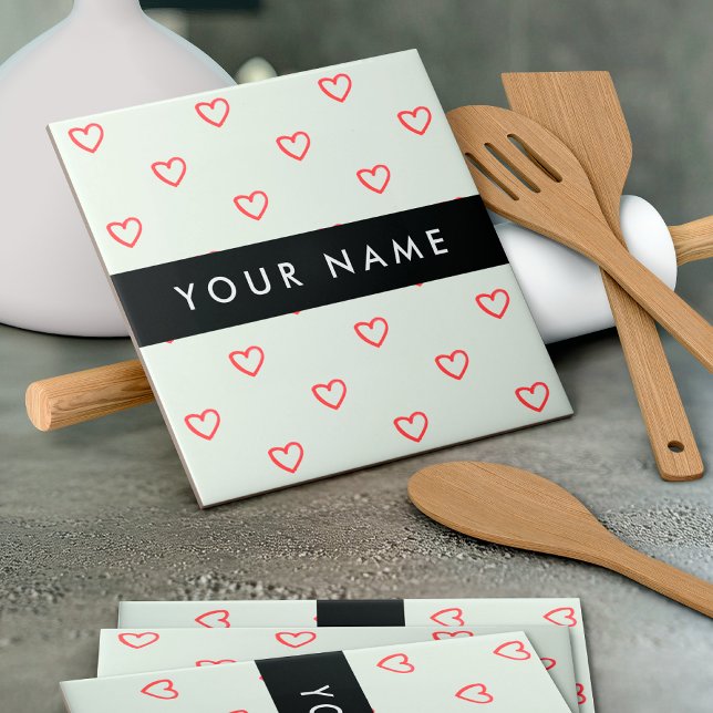 Red Hearts Pattern, Love, Your Name, Personalise Tile (Creator Uploaded)