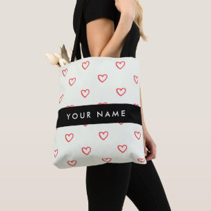 Red Hearts Pattern, Love, Your Name, Personalise Tote Bag