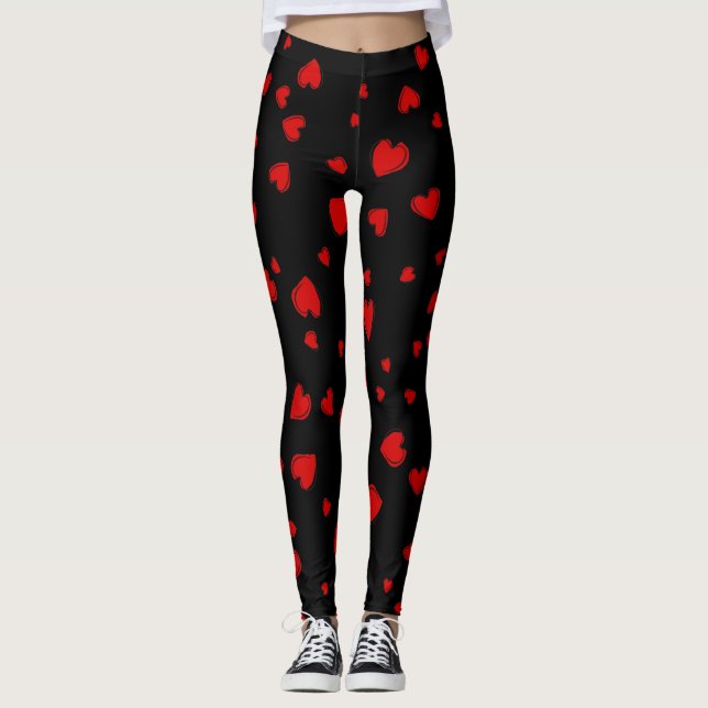 Red Hearts Pattern on Black Leggings (Front)