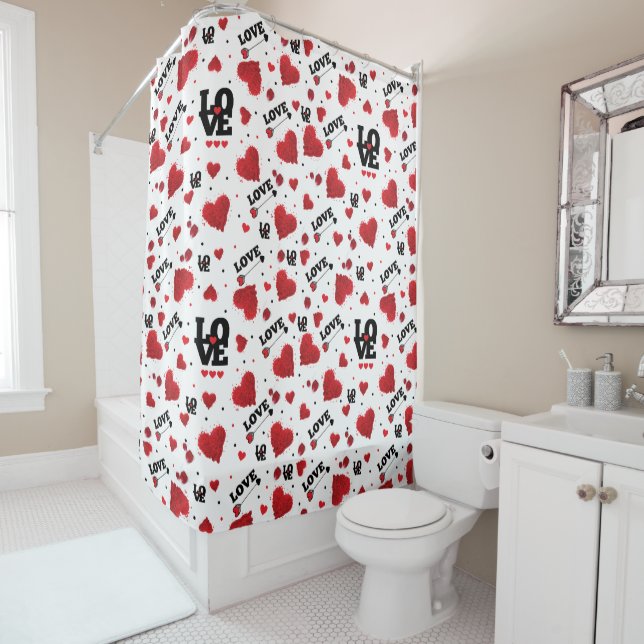 Red Hearts Pattern Valentine's Day Shower Curtain (In Situ)