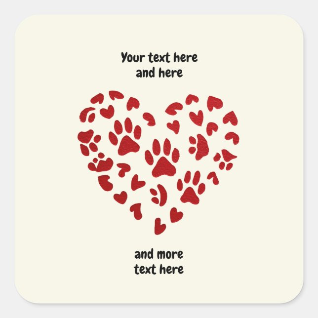 Red Hearts & Paws, Pets, Dogs, Cats, Customizable Square Sticker (Front)