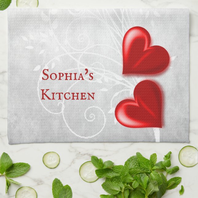 Red Hearts Personalised Kitchen Towel (Folded)