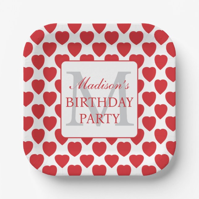 Red Hearts Personalized Birthday Party  Paper Plate (Front)