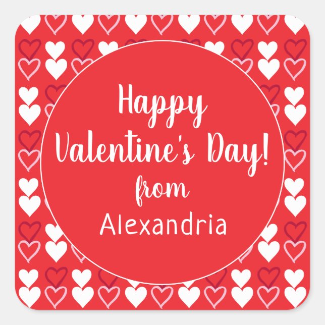 Red Hearts Personalized Happy Valentine's Day Square Sticker (Front)