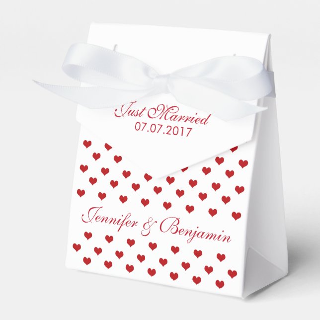 Red Hearts Personalized Names and Date Wedding Favour Box (Front Side)