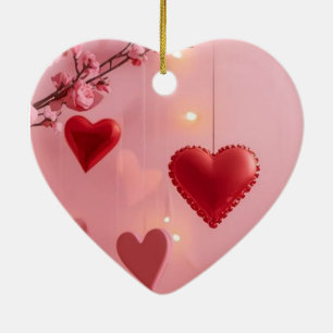 Red Hearts Pink Flowers on Romantic Valentine Tree Ceramic Tree Decoration