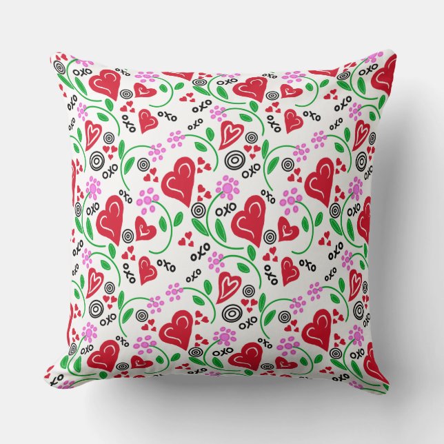 Red Hearts Pink Flowers Throw Pillow (Front)