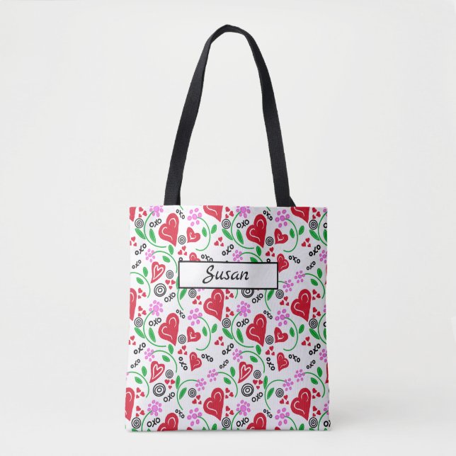 Red Hearts Pink Flowers Tote (Front)