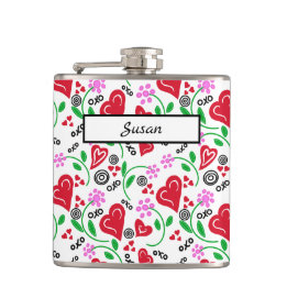 Red Hearts Pink Flowers Vinyl Wrapped Flask