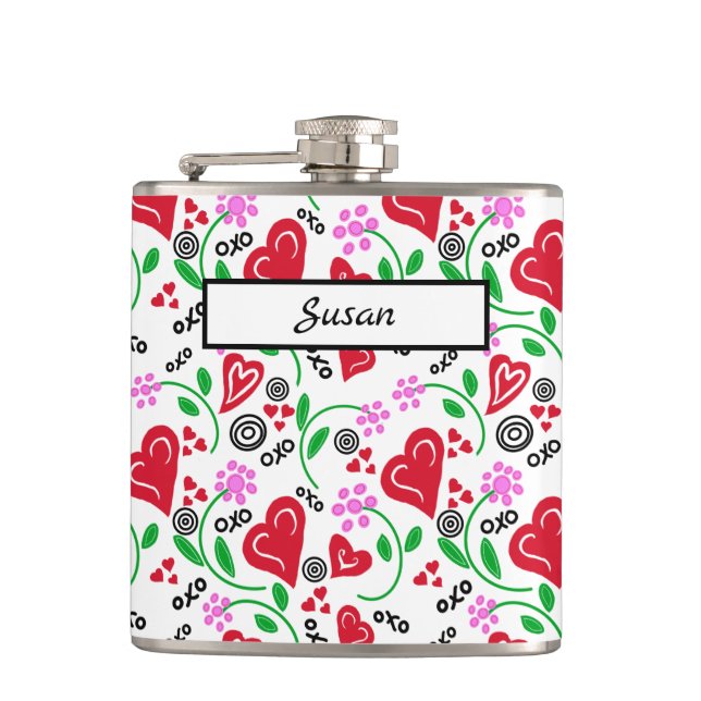 Red Hearts Pink Flowers Vinyl Wrapped Flask (Front)