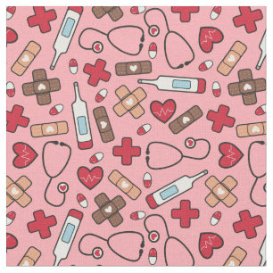 Red Hearts Pink Nurse Doctor Pattern Fabric