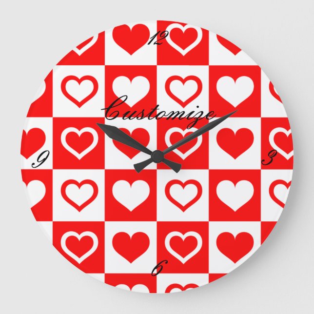 Red Hearts Plaid Pattern Thunder_Cove Large Clock (Front)