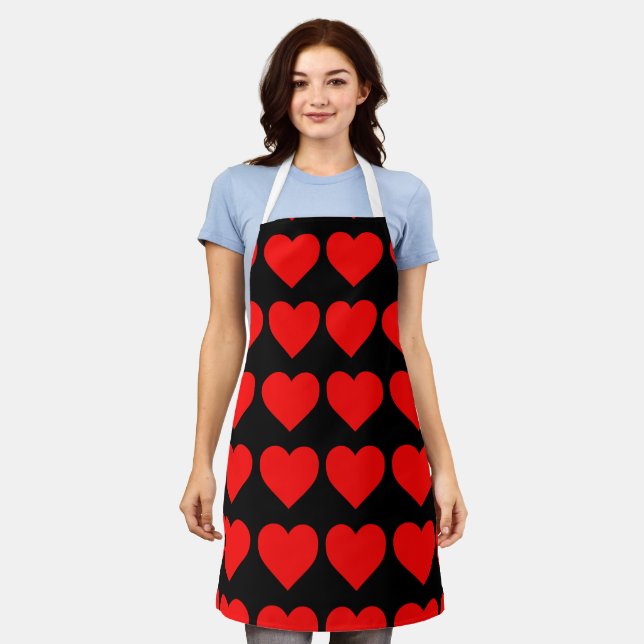 RED HEARTS PRINT KITCHEN APRON (Worn)