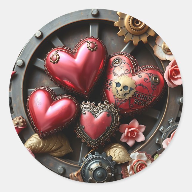 Red Hearts, Skull, Flowers Steampunk Classic Round Sticker (Front)