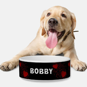 Red Hearts Sparkles Dots Pattern Name Bowl