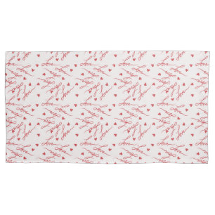 Red hearts text love pink background  pillowcase