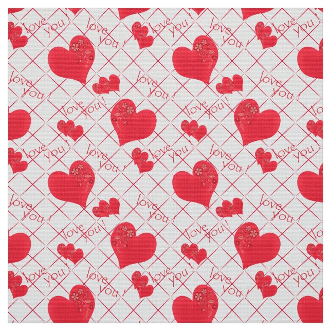 Red hearts, text, "love you" . fabric (Swatch)
