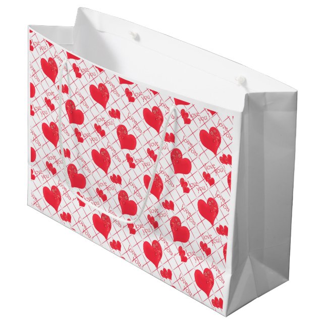 Red hearts, text, "love you" . large gift bag (Front Angled)